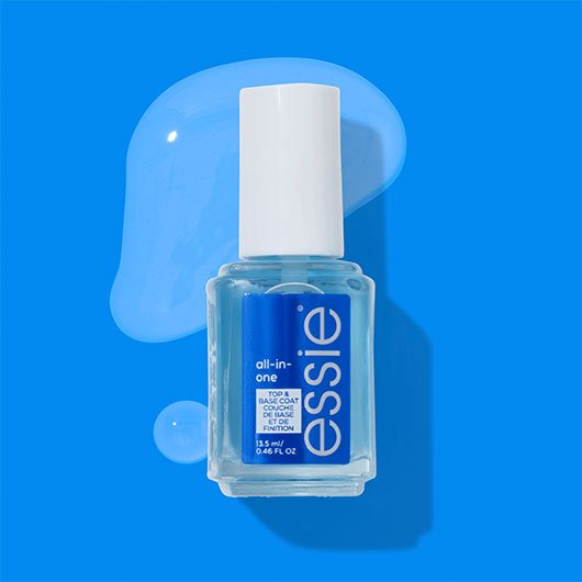 Close-up of a bottle of essie all-in-one top & base coat polish on a blue and pale blue background