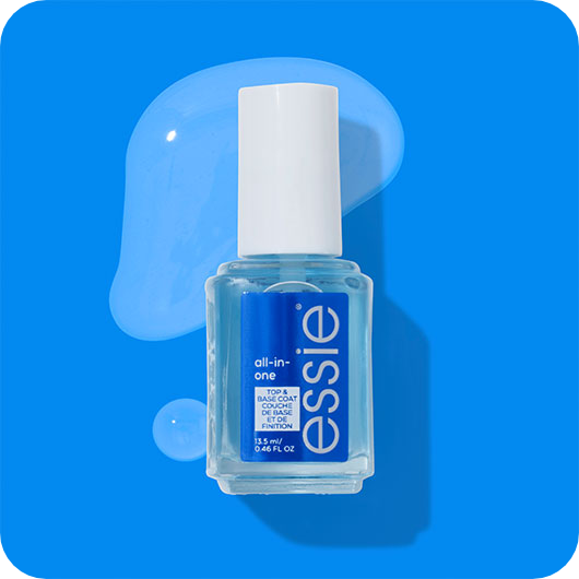 Close-up of a bottle of essie’s multi-use top & base coat on a two-tone swirly blue background