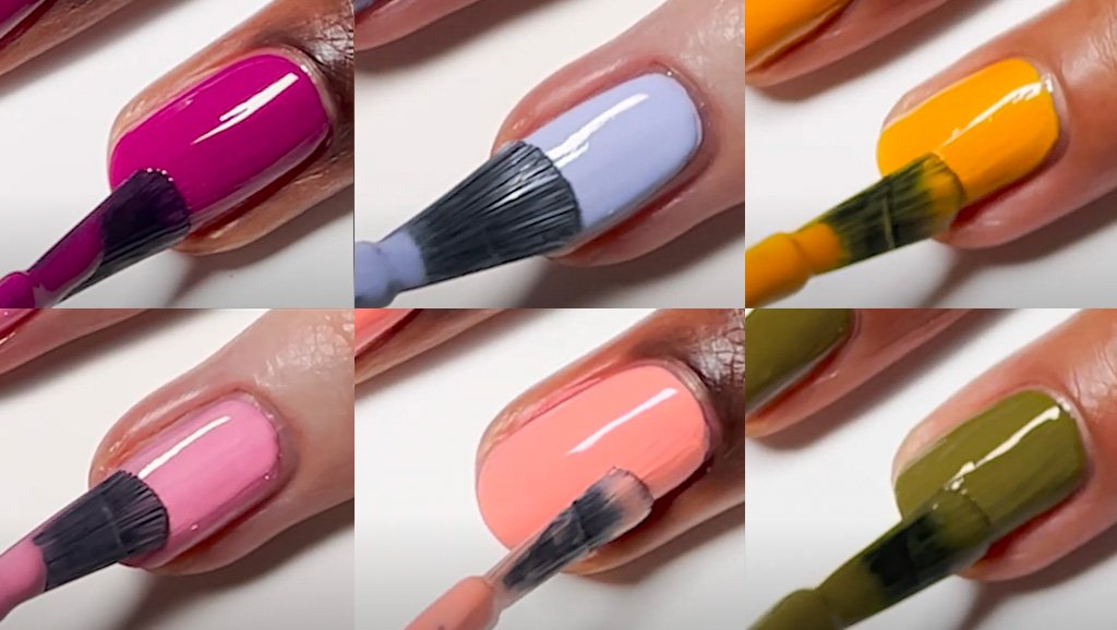 A collage of six nails being painted with each of the shades from the midsummer 2023 collection