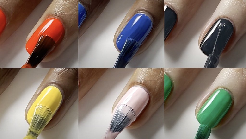 A collage of six nails being painted with each of the shades from the 2023 push play summer collection