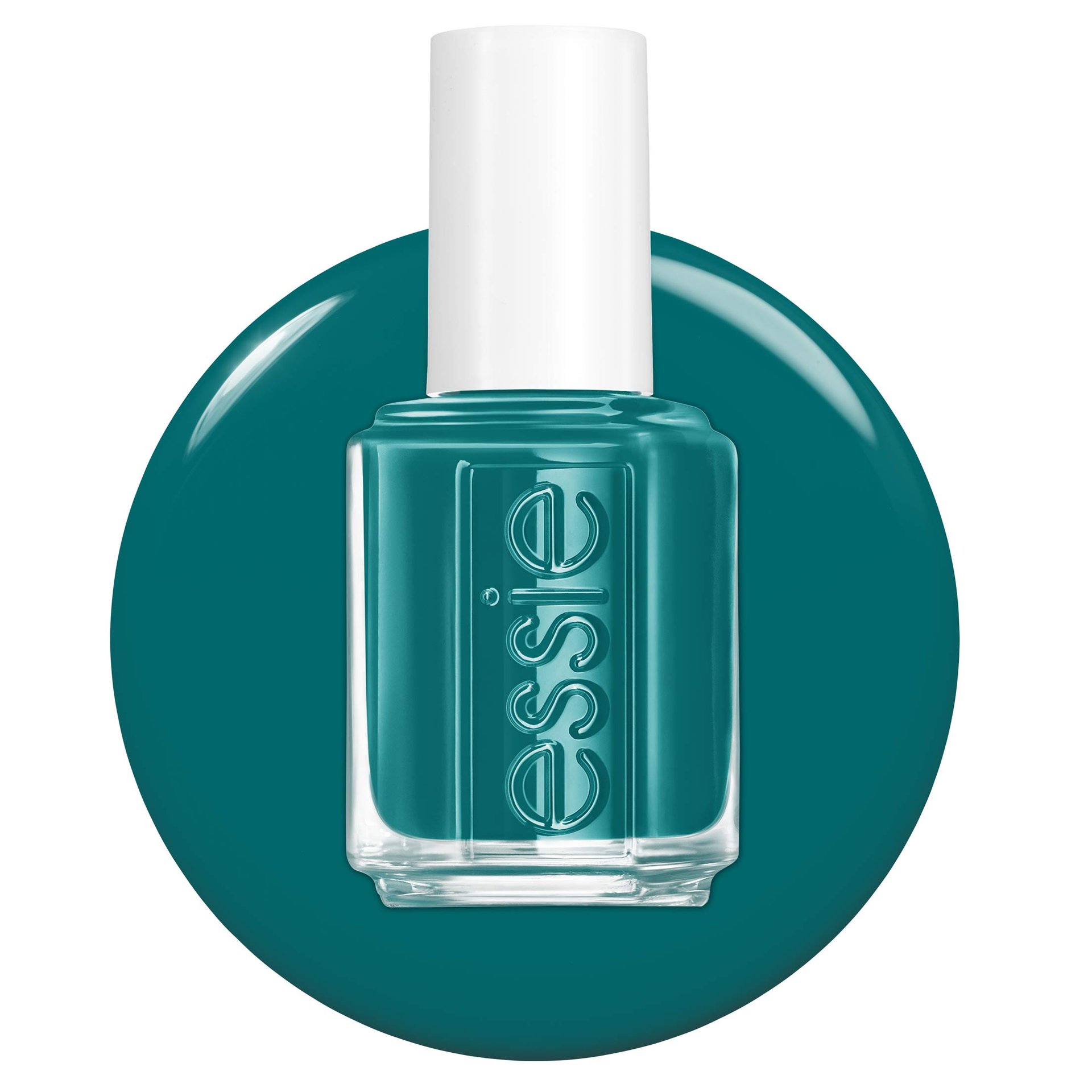 Close-up of a bottle of green essie nail polish posed in front of a corresponding swatch of color