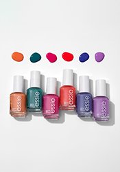 A row of six different bottles of essie nail polish with matching color swatches above each bottle